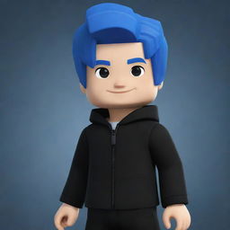 A Roblox avatar of a boy, prominently featuring incredibly fair, white skin, deep blue hair, and a slick black outfit.