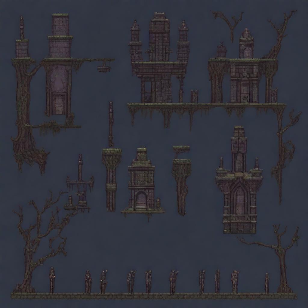 Create a pixel art level design for a game with a dark and obscure atmosphere similar to Blasphemous