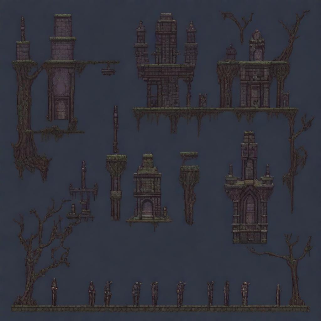 Create a pixel art level design for a game with a dark and obscure atmosphere similar to Blasphemous