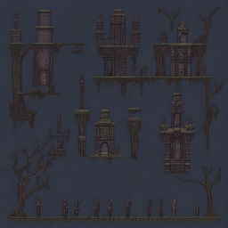 Create a pixel art level design for a game with a dark and obscure atmosphere similar to Blasphemous