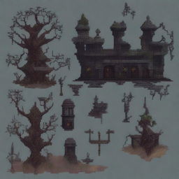 Create a pixel art level design for a game with a dark and obscure atmosphere similar to Blasphemous