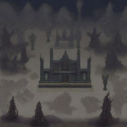 Create a pixel art level design for a game with a dark and obscure atmosphere similar to Blasphemous