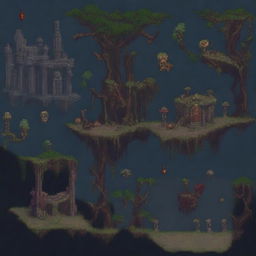 Create a pixel art level design for a game with a dark and obscure atmosphere similar to Blasphemous