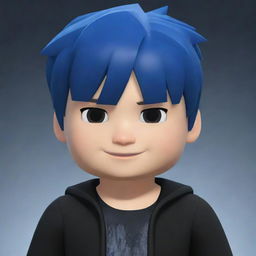 A Roblox avatar of a boy, prominently featuring incredibly fair, white skin, deep blue hair, and a slick black outfit.