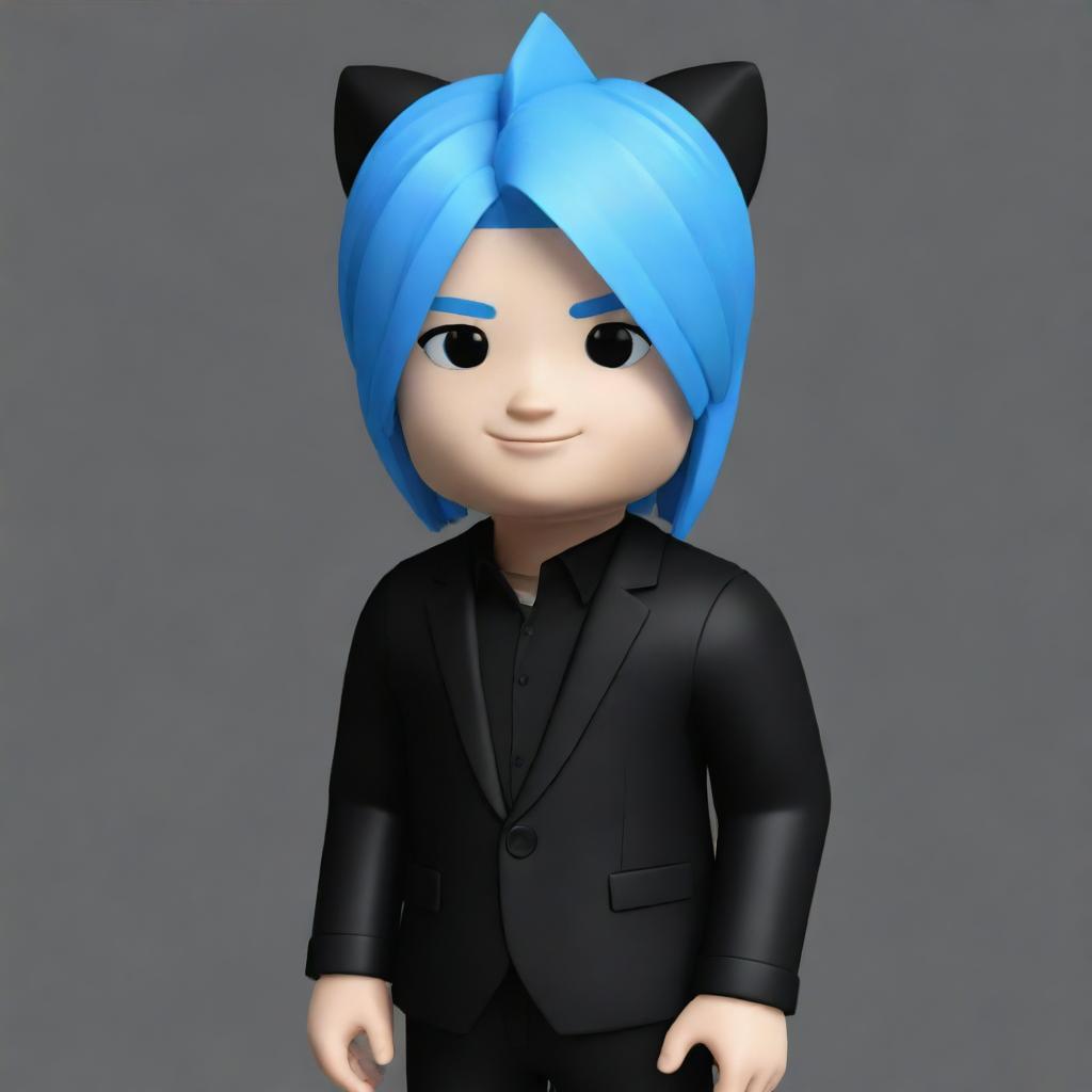 A drawn image of a Roblox boy avatar featuring visually striking white skin, sharp blue hair and a chic black outfit.