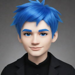 A drawn image of a Roblox boy avatar featuring visually striking white skin, sharp blue hair and a chic black outfit.