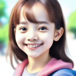 A 12-year-old girl, depicted in a wholesome and friendly manner, smiling and enjoying her day