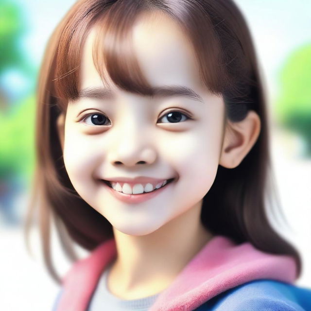 A 12-year-old girl, depicted in a wholesome and friendly manner, smiling and enjoying her day