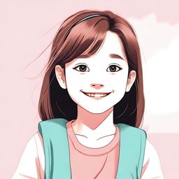 A 12-year-old girl, depicted in a wholesome and friendly manner, smiling and enjoying her day