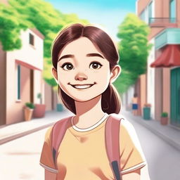 A 12-year-old girl, depicted in a wholesome and friendly manner, smiling and enjoying her day