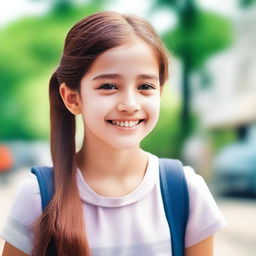 A 12-year-old girl, depicted in a wholesome and friendly manner, smiling and enjoying her day