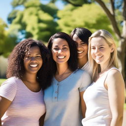 A group of women in their thirties, dressed in casual modern clothing, standing together and smiling