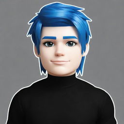 A drawn image of a Roblox boy avatar featuring visually striking white skin, sharp blue hair and a chic black outfit.