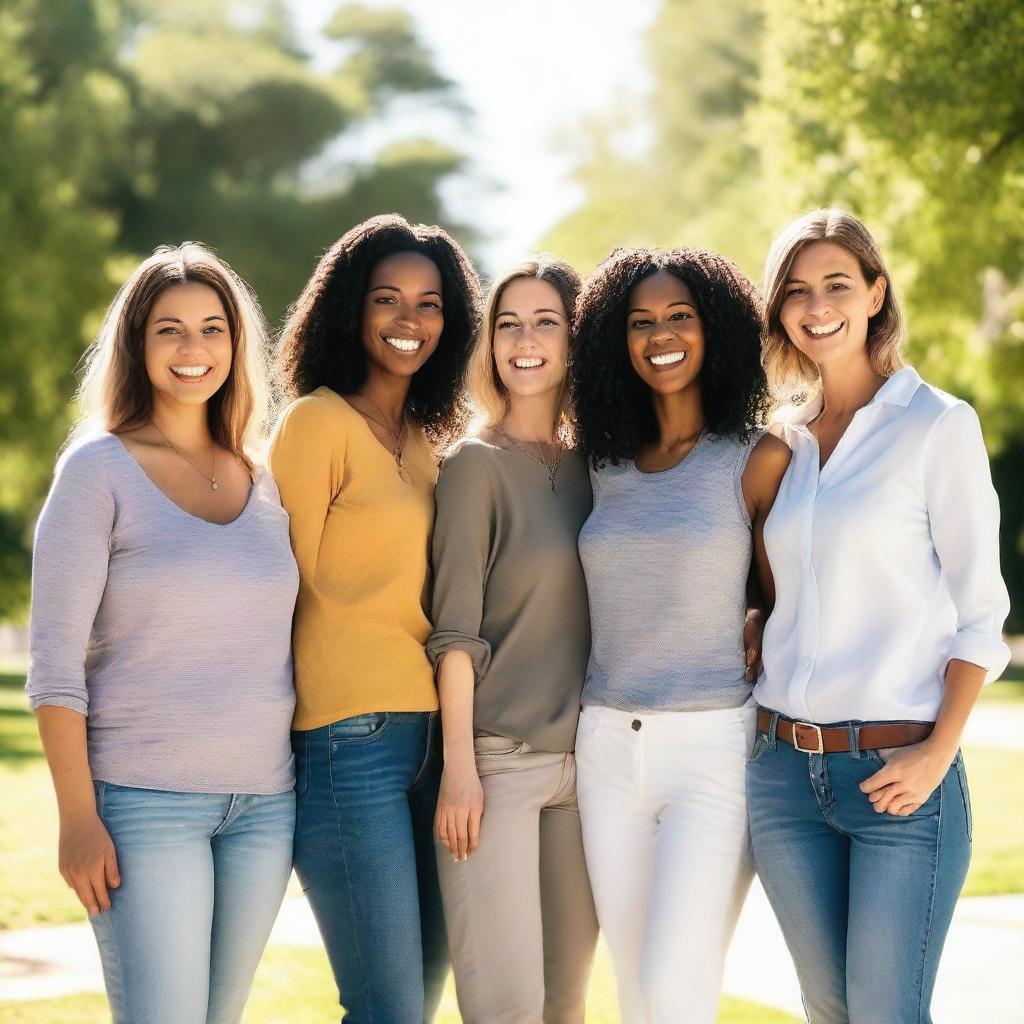 A group of women in their thirties, dressed in casual modern clothing, standing together and smiling