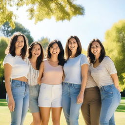 A group of women in their thirties, dressed in casual modern clothing, standing together and smiling