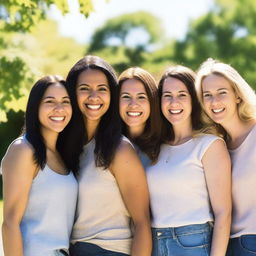 A group of women in their thirties, dressed in casual modern clothing, standing together and smiling