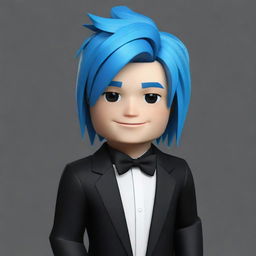 A drawn image of a Roblox boy avatar featuring visually striking white skin, sharp blue hair and a chic black outfit.