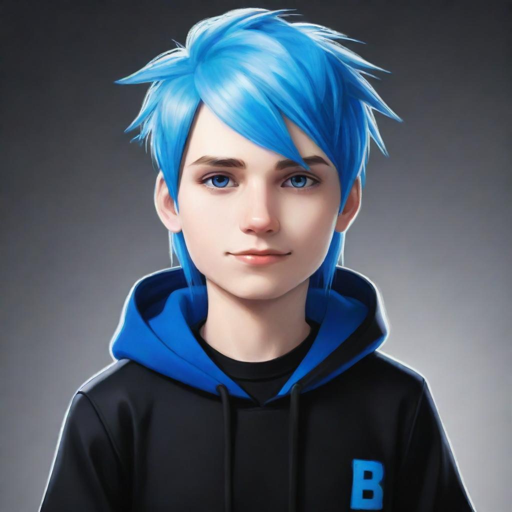 An artistic drawing of a Roblox boy avatar with brilliantly white skin, electric blue hair, and a fashionable black outfit.