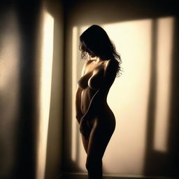 A seductive woman standing in a dimly lit room, casting shadows