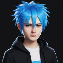 An artistic drawing of a Roblox boy avatar with brilliantly white skin, electric blue hair, and a fashionable black outfit.