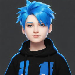 An artistic drawing of a Roblox boy avatar with brilliantly white skin, electric blue hair, and a fashionable black outfit.