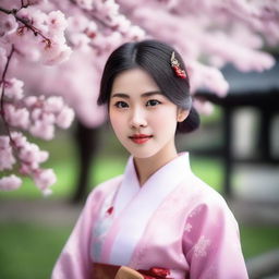 A portrait of an Asian girl wearing traditional clothing, standing in a serene garden with cherry blossoms in the background