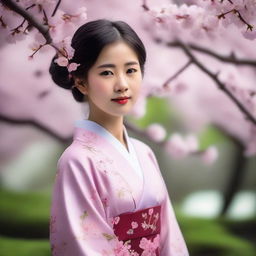 A portrait of an Asian girl wearing traditional clothing, standing in a serene garden with cherry blossoms in the background