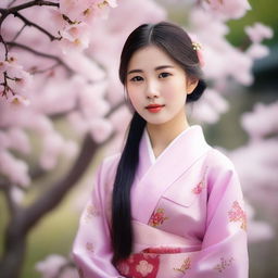 A portrait of an Asian girl wearing traditional clothing, standing in a serene garden with cherry blossoms in the background