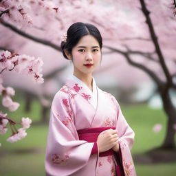 A portrait of an Asian girl wearing traditional clothing, standing in a serene garden with cherry blossoms in the background