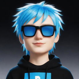 An artistic drawing of a Roblox boy avatar with brilliantly white skin, electric blue hair, and a fashionable black outfit.