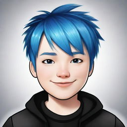 A hand-drawn illustration of a young Roblox boy, highlighting his radiant white skin, blue hair and a stylish black outfit.