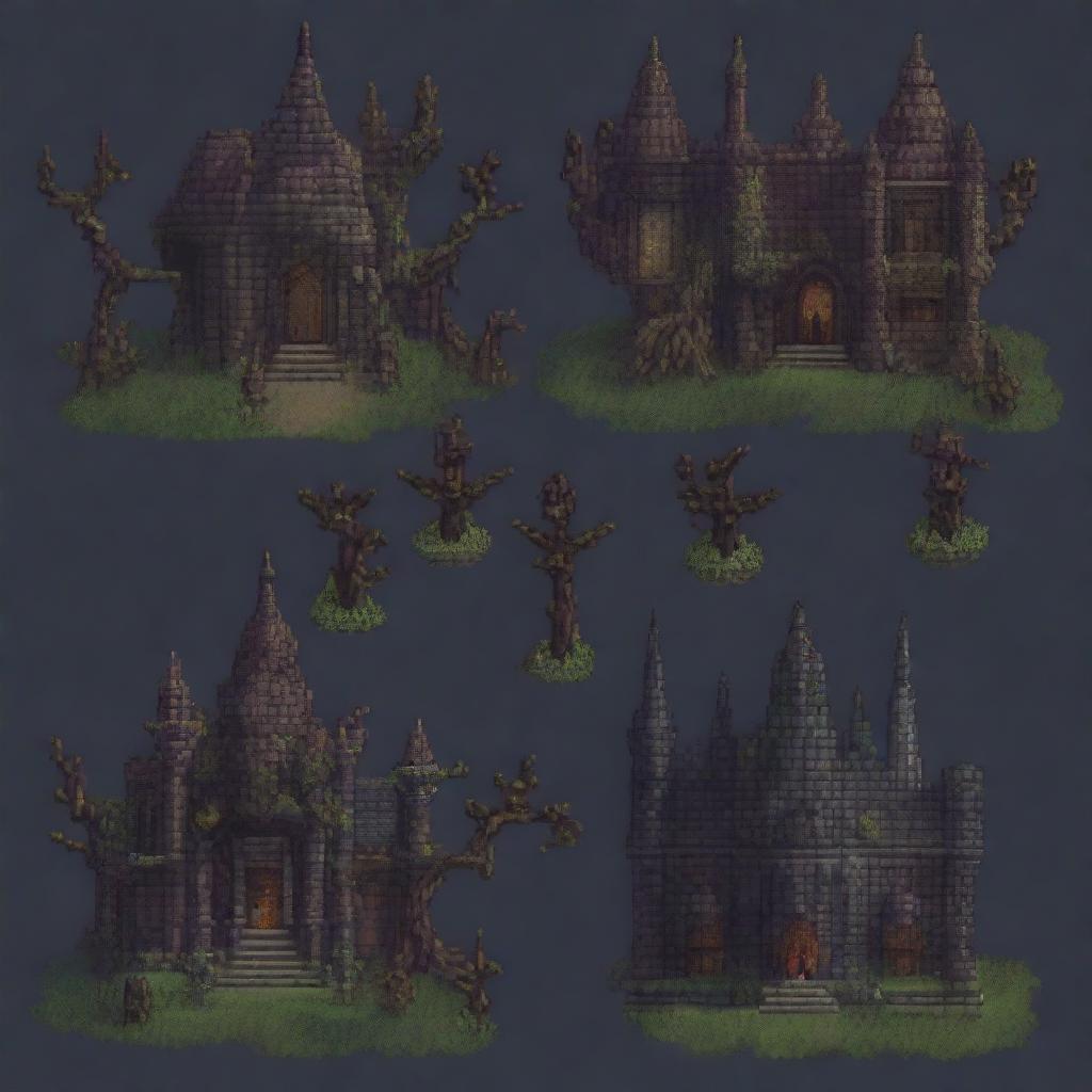 Create a pixel art level design for a game with a dark, medieval, and obscure atmosphere similar to Blasphemous, using the provided reference image as a basis