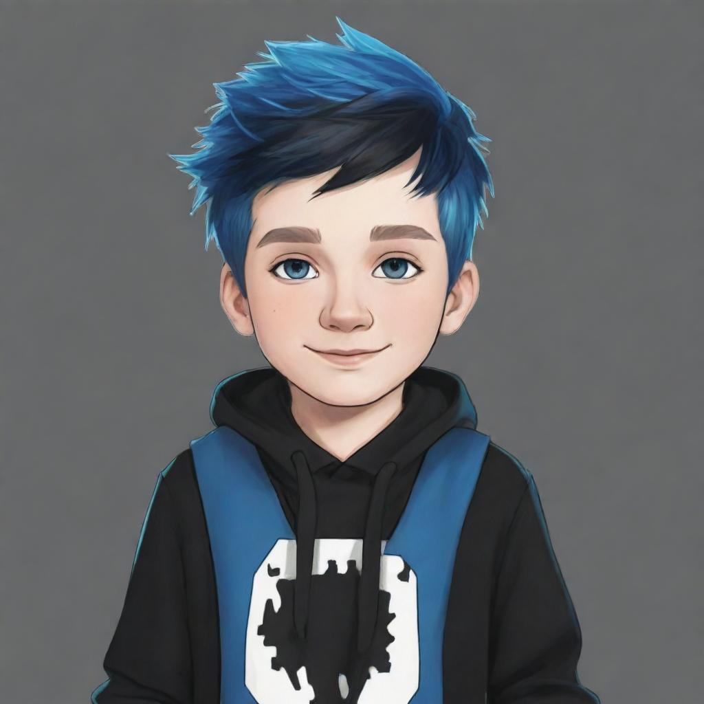 A hand-drawn illustration of a young Roblox boy, highlighting his radiant white skin, blue hair and a stylish black outfit.