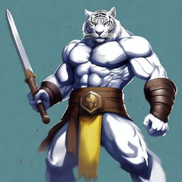 A tall, muscled white tiger barbarian with yellow eyes