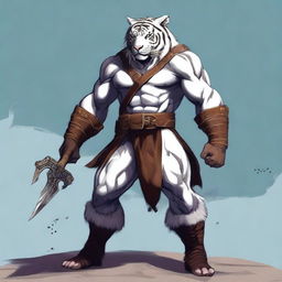 A tall, muscled white tiger barbarian with yellow eyes