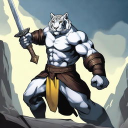 A tall, muscled white tiger barbarian with yellow eyes