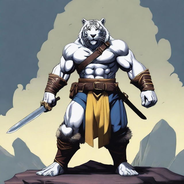 A tall, muscled white tiger barbarian with yellow eyes