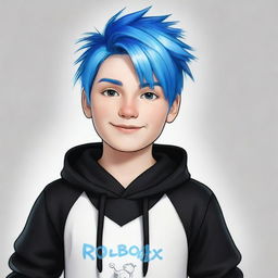 A hand-drawn illustration of a young Roblox boy, highlighting his radiant white skin, blue hair and a stylish black outfit.