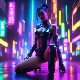 A cyberpunk woman with a seductive pose, her legs spread