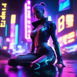 A cyberpunk woman with a seductive pose, her legs spread