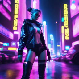 A cyberpunk woman with a seductive pose, her legs spread