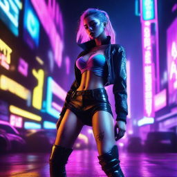 A cyberpunk woman with a seductive pose, her legs spread