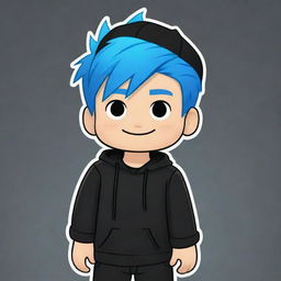 A hand-drawn illustration of a young Roblox boy, highlighting his radiant white skin, blue hair and a stylish black outfit.