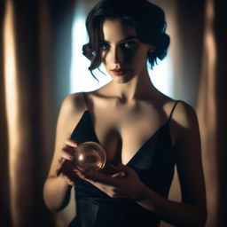 A seductive woman holding a mysterious object