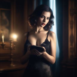 A seductive woman holding a mysterious object