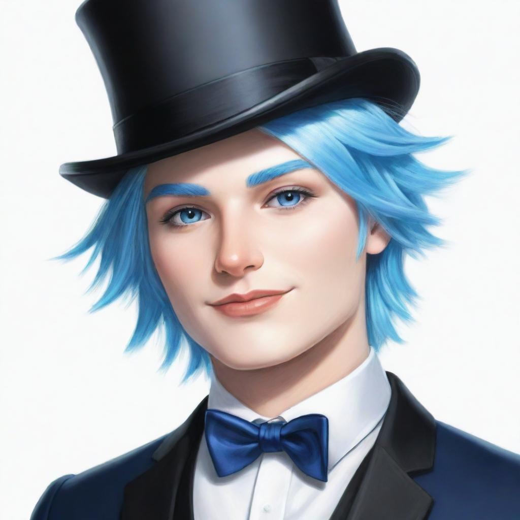 A detailed drawing of a Roblox boy, exhibiting gleaming white skin, blue hair, stylish black attire, and topped with an elegant top hat.