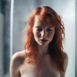 A red-headed woman taking a shower, water cascading down her hair and body