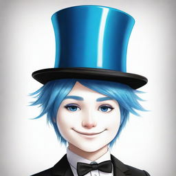 A detailed drawing of a Roblox boy, exhibiting gleaming white skin, blue hair, stylish black attire, and topped with an elegant top hat.