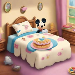 A whimsical scene featuring a delicious cream pie placed on a cozy bed, illustrated in the charming and magical style of Disney