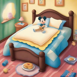 A whimsical scene featuring a delicious cream pie placed on a cozy bed, illustrated in the charming and magical style of Disney